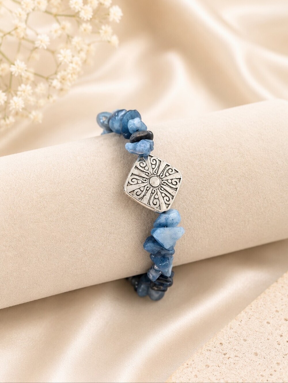 Blue Chip Stone Stretch Bracelet with Silver Diamond Shaped Accent | Handmade